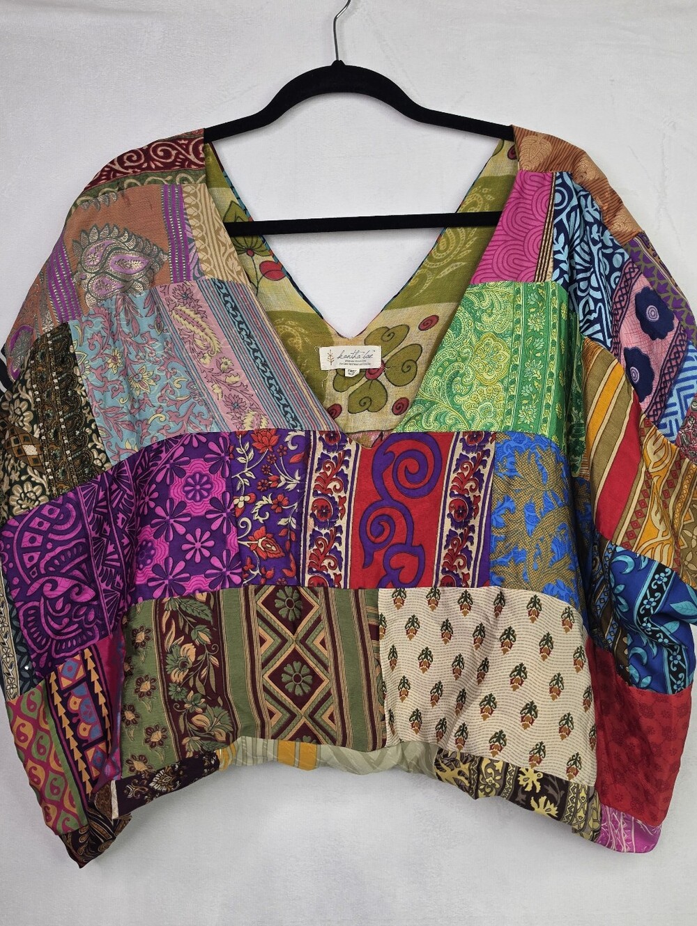 Kantha Bae Free Size Silk Patchwork V-Neck Poncho Crop Top Boho